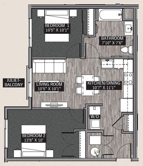 Floor plan for 2 beds, 1 bath
